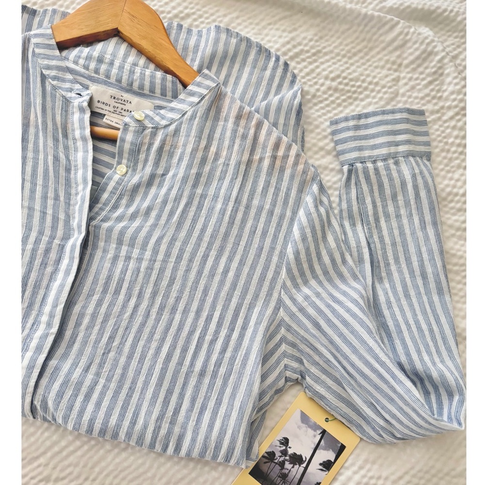Trovata Beachy Coastal Striped Cotton Gauze Mandarin Collar Shirt